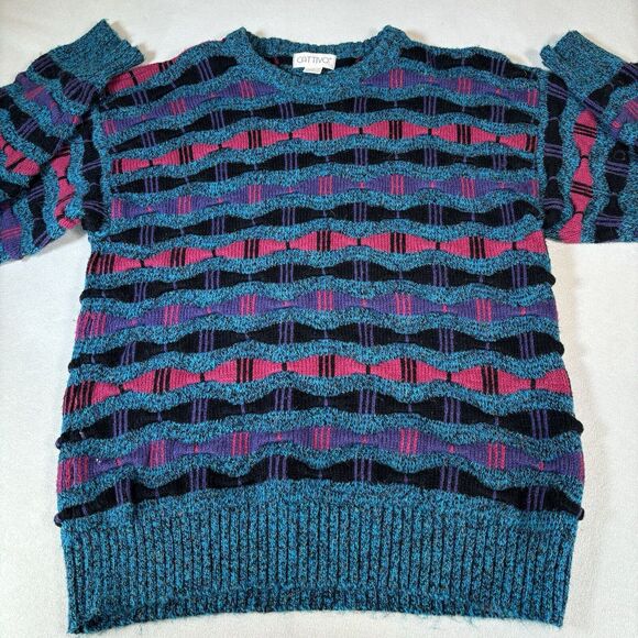 Vintage 90s Cattivo Sweater Coogi Style 3D Knit Size Medium Geometric - Picture 1 of 14